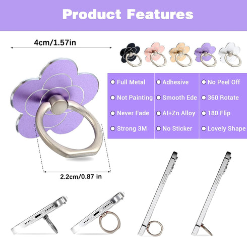 Ouligay 5PCS 360 180Angle Flower Phone Ring Holder Grip Cute Metal Phone Ring Stand Rotating and Adjustable Ring Holder