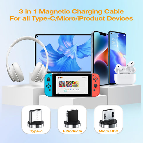 Magnetic Charging Cable 3.3ft 540° Rotating 3 in 1 Charger, 3A Fast Charging USB Data Transfer for Type C/Micro