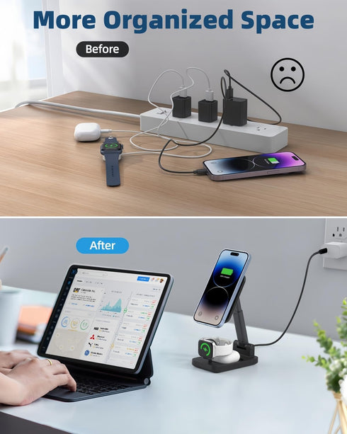 3 in 1 Foldable Wireless Charging Station for Apple Products, Adjustable Phone Charger Stand, Travel Dock for
