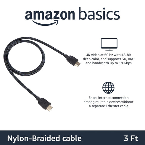 2.0 3ft, 4K@60Hz, 18Gbps, 2160p, 48 TV/PS5/Xbox/Roku/Blu-ray, Amazon Basics Nylon-Braided HDMI Cable, bit, Compatible