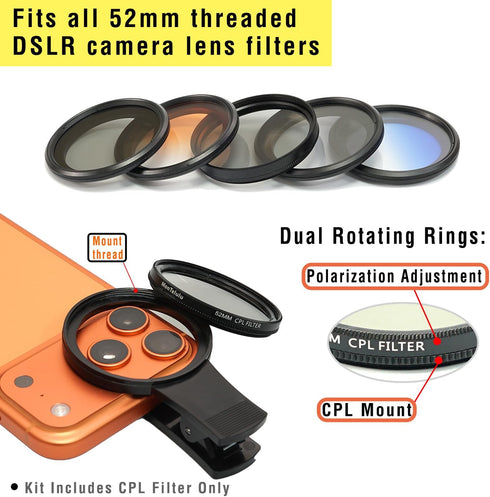 MonTelulu 52mm iPhone17/16/15/14/13/12/11,Upgraded Clip-on CPL Phone Camera Lens Filter Kit,Circular Polarizer Filter