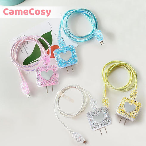Bling DIY Cable Protector for iPhone Power Adapter, Cute Sparkle Love Heart Design, USB Case Wire Cable Saver (Blue)