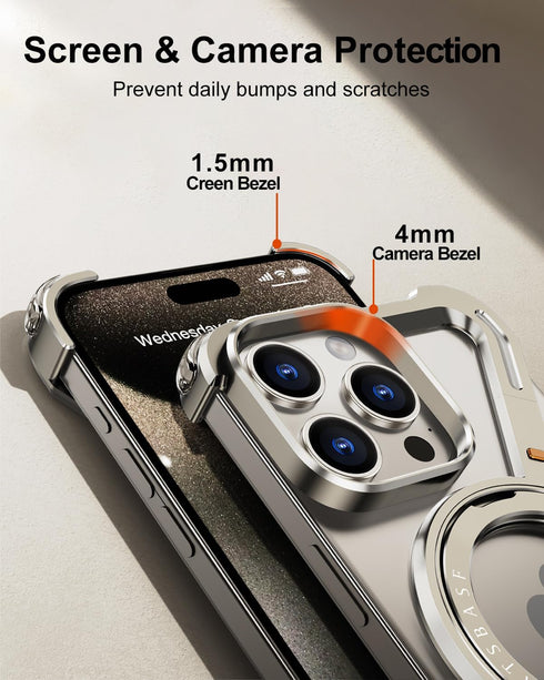 Z Case for iPhone 15 Pro Max, Frameless with MagSafe Kickstand, 360° Rotatable, Ultra Thin Metal Hard Case