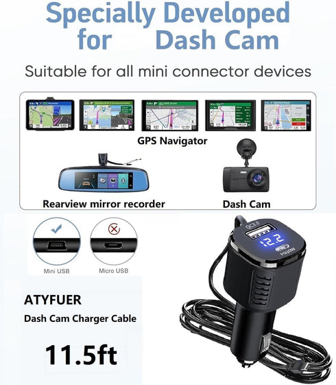 HKXLT 20W QC3.0 11.5ft 66W 3-Port 12V 24V (J98) Dash Cam Charger Cable PD & Built-in Super Fast Car Charg Mini USB