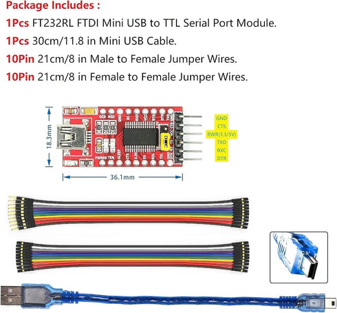 WWZMDiB Mini USB to TTL Serial Converter Adapter - FTDI Breakout Board for Arduino