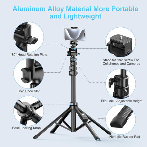 Fugetek 62" 4 100% 360 2 Professional Cell Phone Tripod, Ultra Stable Leg Design, Bluetooth Remote, All Aluminum Stick