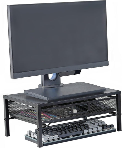 Metal Computer Monitor Stand with Drawer, Desktop Riser for Laptop, Printer, and Monitor, Black