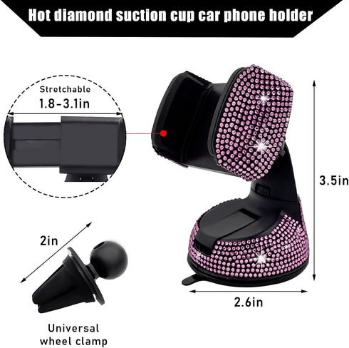 Bling Car Phone Holder, 360 Degree Adjustable Crystal Auto Dashboard Air Vent Mount, Universal for Windshield and