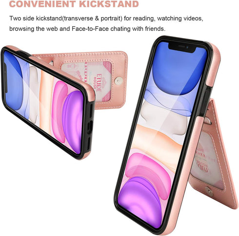 KIHUWEY iPhone 11 Case Wallet with Credit Card Holder, Premium Leather, Magnetic Clasp, Heavy Duty Cover (Rose Gold)