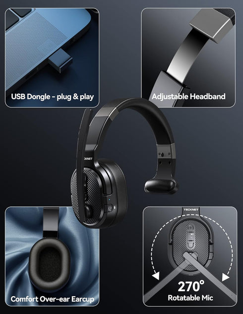 TECKNET Trucker Bluetooth Headset, Wireless Headphones with Microphone & Dongle, AI Noise Canceling, 70h Comfort for PC