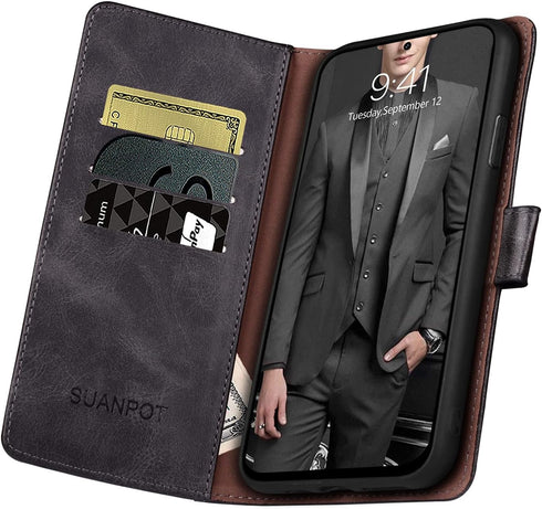 SUANPOT Leather Wallet Case for Samsung Galaxy A71 5G, RFID Credit Card Holder, Flip Folio Book Cover, Shockproof Black