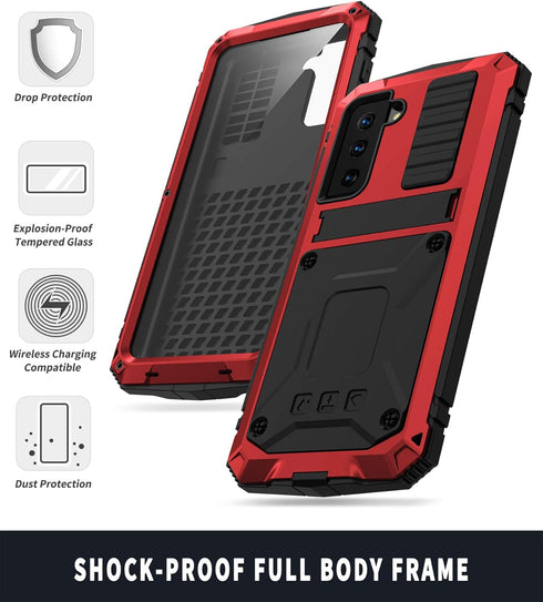 Samsung Galaxy S21 Case Compatible, Heavy Duty Aluminum Metal Waterproof Shockproof Protector Cover Hard Case (Red)
