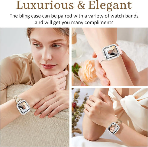Bling Case with HD Screen Protector for Women, Compatible with Apple Watch 40mm, Diamond Protective Face Cover, PC