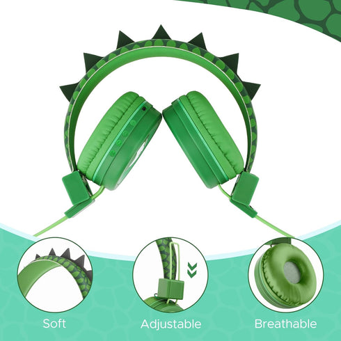QearFun Dino Headphones for Kids, Bluetooth Headphones with Microphone & 3.5mm Jack, Adjustable Headband for