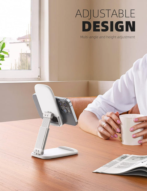 Lamicall Foldable Phone Stand for Desk - Height Adjustable Cell Phone Holder Portable Cellphone Cradle Desktop Dock for iPhone 13 Pro Max Mini, 12 11 XR X 8 7 6 Plus SE, 4-8'' Smartphone - White
