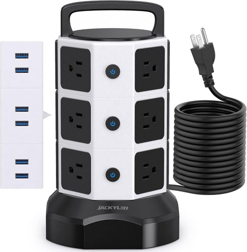 JACKYLED Power Strip Tower Surge Protector, 10ft Electric Charging Station, 12 Outlets, 6 USB Ports, Heavy Duty, White