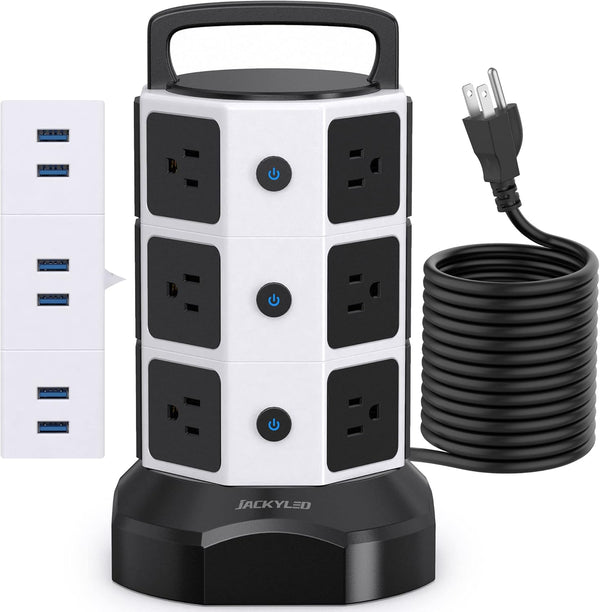 JACKYLED Power Strip Tower Surge Protector, 10ft Electric Charging Station, 12 Outlets, 6 USB Ports, Heavy Duty, White