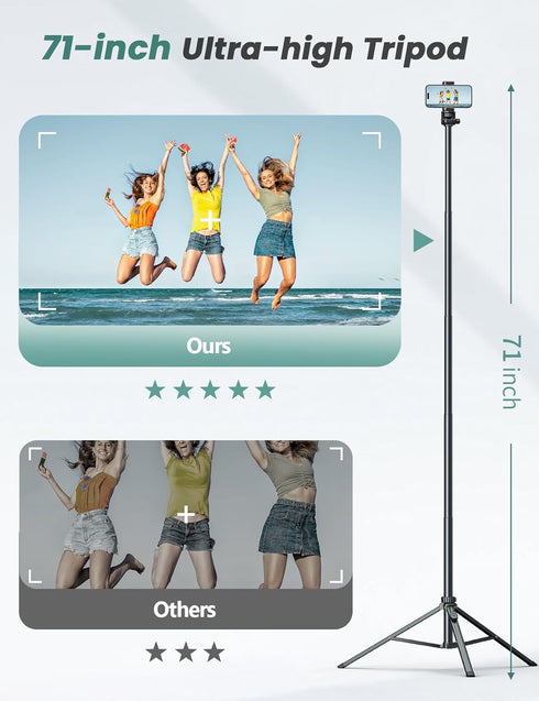 YUMAZLA 71''/180cm Extendable Phone Tripod Aluminum, Portable Stand for Video Recording, Travel Tripod for iPhone/Cell