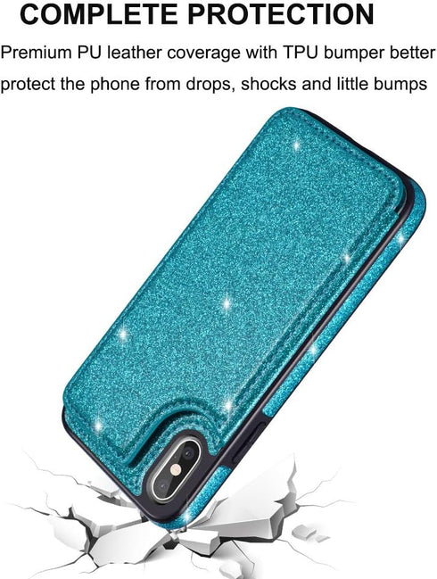 UEEBAI Case for iPhone XR, Premium Glitter PU Leather Wallet Cover with Card Slots, Stand Function, Blue#2