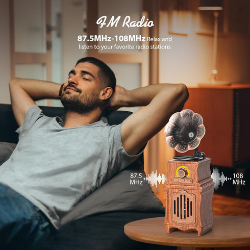 Retro Bluetooth Speaker, FM Radio, Wireless Connect, Bass, USB/TF/AUX Player, Portable Rechargeable Vintage Radio for