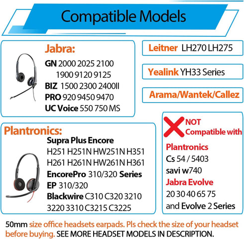 Ear Cushions for Plantronics Headset, Ear Pads Replacement for Plantronics HW251N HW261N HW510 HW520 Blackwire 3210 3220 3320 C320 C3225 Jabra PRO 920 930 9450 Biz 1900 and Most 50mm Headsets (6 Pack)