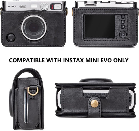Mini EVO Camera Case, Vintage Leather Case Compatible with Fujifilm Instax Mini EVO, Fuji Instax Mini EVO Cover with Adjustable Strap - Black
