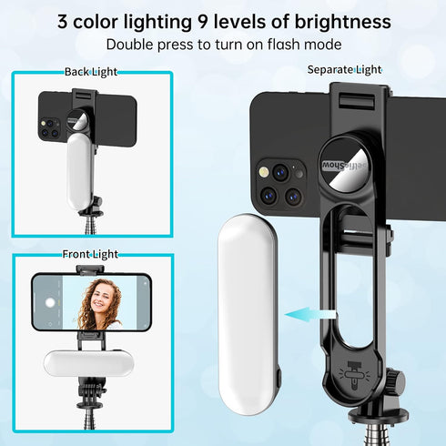 Stable Selfie Stick Tripod with Fill Light, 44 Inch Extendable Selfie Stick with Wireless Remote and Tripod Stand 360
