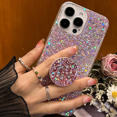 iPhone 15 Pro Max Glitter Bling Case, Pink Sparkle Cover with Ring Stand Holder for 6.7 inch