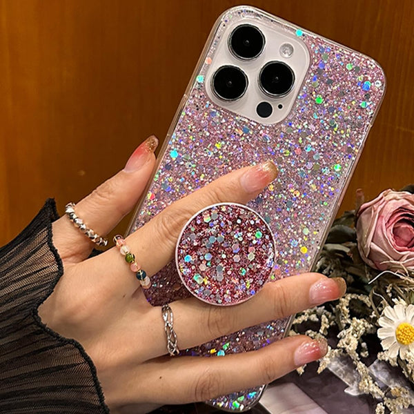 iPhone 15 Pro Max Glitter Bling Case, Pink Sparkle Cover with Ring Stand Holder for 6.7 inch