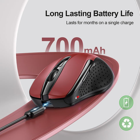 TECKNET Wireless Mouse (BT5.0/3.0 & 2.4G), Rechargeable 4800 DPI Silent Mouse, 8 Buttons Bluetooth Mouse, USB A - Red