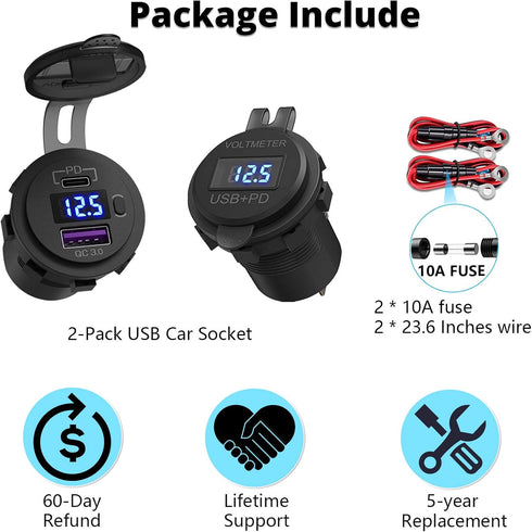 Qidoe 2 Pack USB C Car Charger - PD3.0 20W and QC3.0 18W with LED Voltmeter and ON/Off Switch