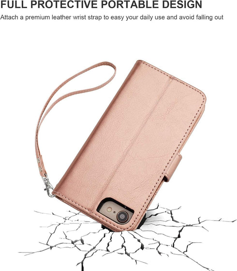 Bocasal Wallet Case for iPhone SE (2022)/SE (2020)/8/7 with Card Holder, PU Leather, Magnetic Detachable Kickstand,