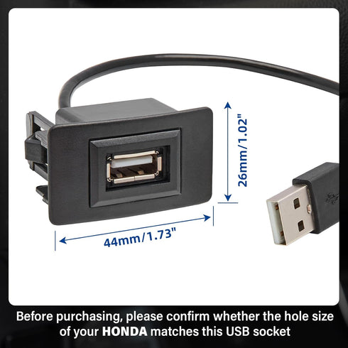 Anina USB Port Car Charger for Honda, Male to Female USB Power Socket Adapter, Panel Flush Mount Extension Cable for Civic CRV Accord Jazz Odyssey, Square Vehicle Dash Port Kit (44 * 26mm)