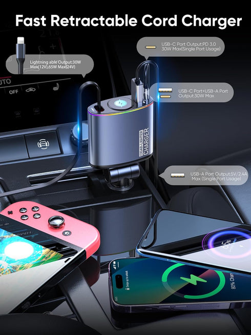 Topume 60W Fast Charging Retractable Car Charger, 2.9FT Cable for iPhone with Colorful Ambient Lighting, Galaxy
