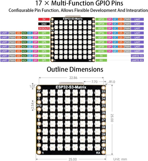 ESP32-S3 Matrix Development Board with 8×8 RGB LED Matrix, QMI8658C Attitude Sensor, 17 Multi-Function GPIO Pins,