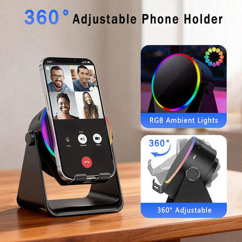 TEFELE 5-in-1 360 Wireless Induction Speaker, Bluetooth Speaker with Phone Holder, Rotation & RGB Lights, HD Stereo