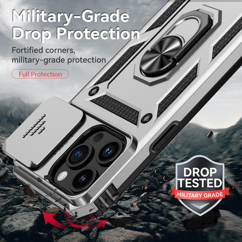 Hitaoyou Compatible with iPhone 15 Pro Max Case, Military Grade Shockproof Case with Camera Cover & Kickstand (Silver)