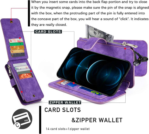 MODOS LOGICOS Detachable Wallet Folio Compatible with iPhone 12 Pro Max, Purple PU Leather Purse with Zipper Cash