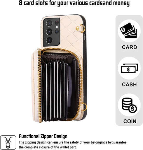 Furiet Detachable Crossbody Strap Wallet Case for Samsung Galaxy S21 Ultra 5G, Zipper Purse, Multi Card Slots, PU