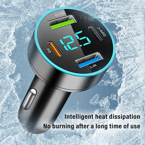4-in-1 Fast Car Charger, PD/QC3.0/Type C Fast Charging Universal Car Phone Charger with Blue LED & Voltmeter for Car