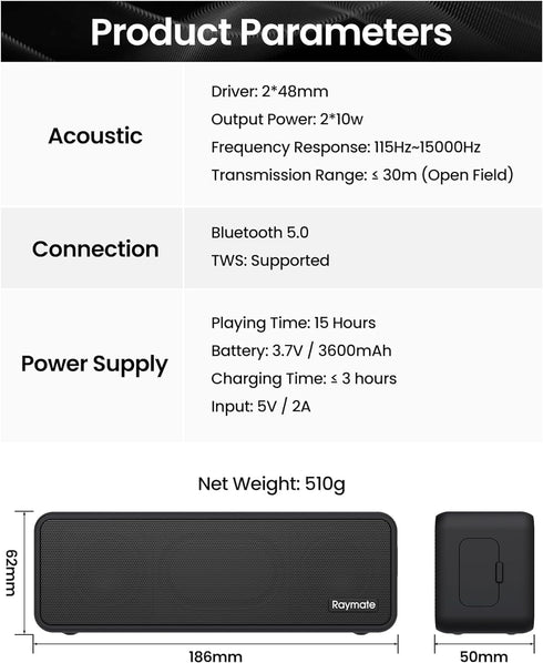 Raymate Bluetooth Speakers, 20W IPX7 Waterproof Wireless Speaker, HiFi Stereo Sound, 1000mins Playtime, Portable for