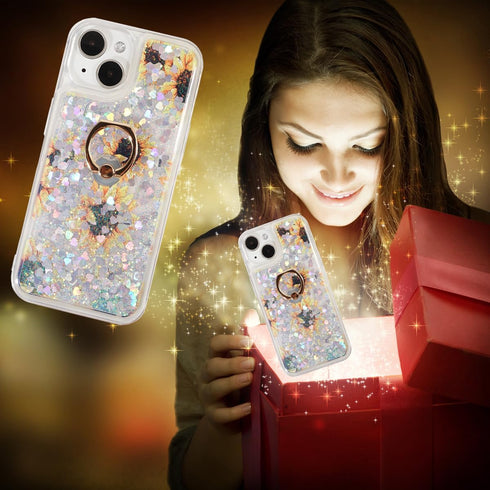 Glitter Case with Ring Holder for iPhone 15, Clear Kickstand Soft TPU Bling Girly Liquid Holiday