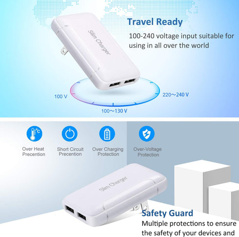 Pofesun Slim USB Wall Charger 2-Pack 3A/5V Dual Port Adapter with Foldable Plug, Flat Charging Box for iPhone 15 14 13