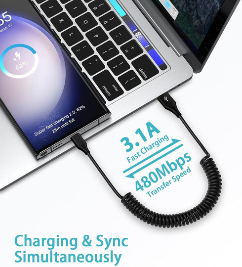 Coiled 3FT USB to USB C Car Charger Cord for iPhone 15/15 Pro/15 Pro Max/15 Plus, Fast Charging for Samsung Galaxy