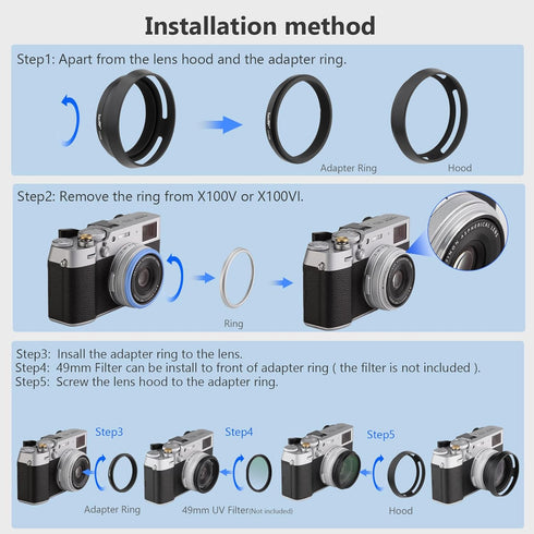 Haoge LH-X53B 3in1 Lens Hood with Adapter Ring and Cap Set for Fujifilm X100VI, X70, X100, X100S, X100T, X100F