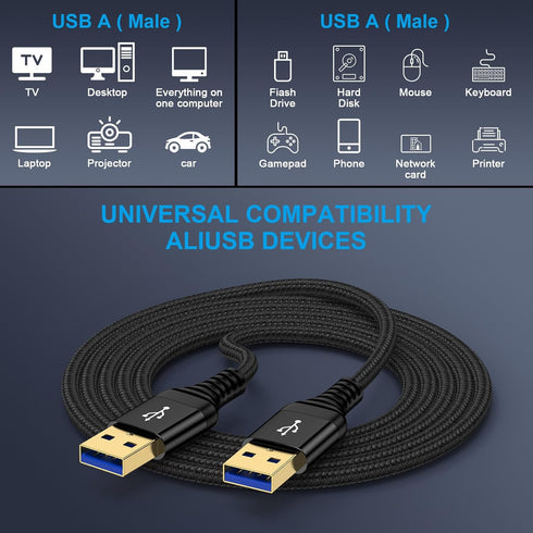 3 2Pack USB3.0 Set USB to USB Cable ft, Male to Male A to A Double Side USBCord for Data Transfer, Sound Bar, External