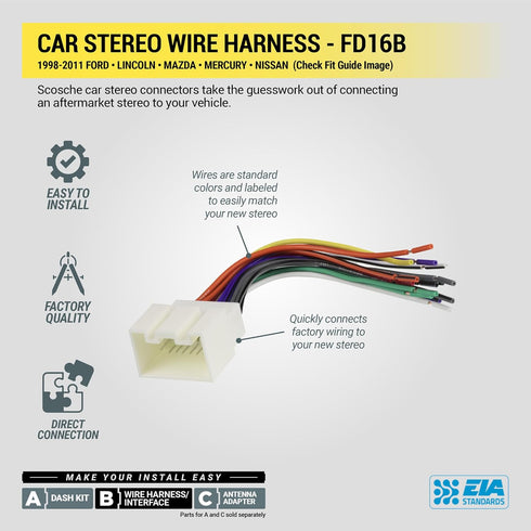 FD16B 1998-2011 Scosche Stereo Wiring Harness Compatible with Select Non-Amplified Ford, Lincoln, Mazda, Mercury