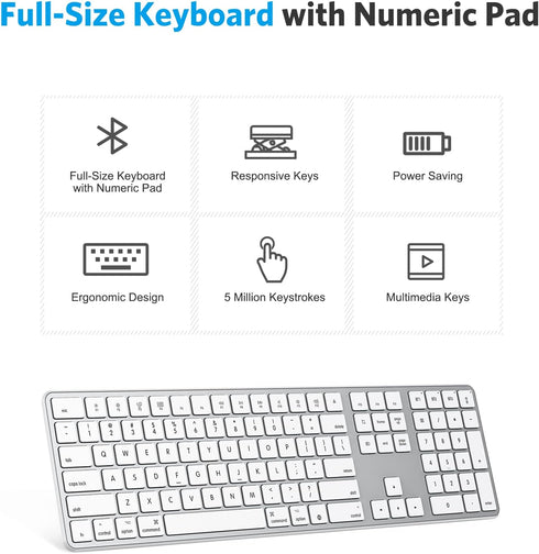 OMOTON Bluetooth Keyboard for Mac, Wireless with Numeric Keypad, Multi-Device, Rechargeable, Silver