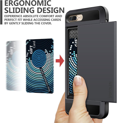 Vofolen Case for iPhone 8 Plus, Wallet Credit Card Holder, Dual Layer TPU Bumper Armor, Black