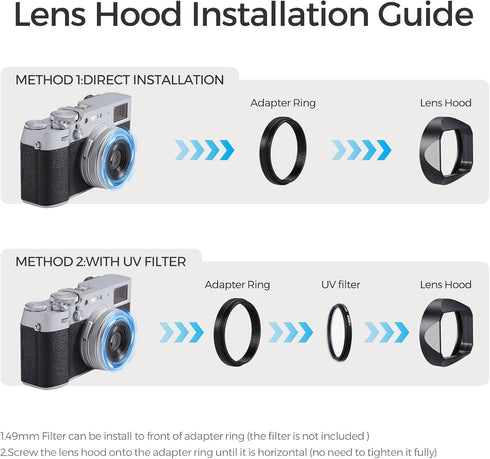49mm X100V/X100VI Metal Square Lens Hood (with Cover) with UV Filter Adapter Ring Compatible with for Fujifilm